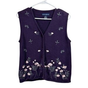 Vintage Embroidered Sweater Vest Size M Floral Boho Knit Cottagecore Grandma